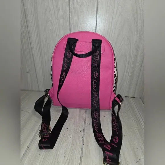 Betsy Johnson Pink Trim Leopard Print Backpack Purse Bag 11x9 4 Pockets Feminine - Picture 4 of 6